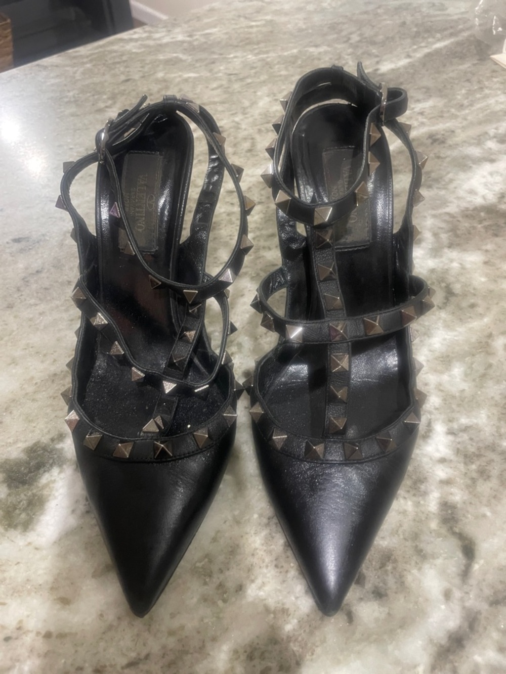 Valentino Black Leather Rockstud Strappy Pointed-Toe Pumps
